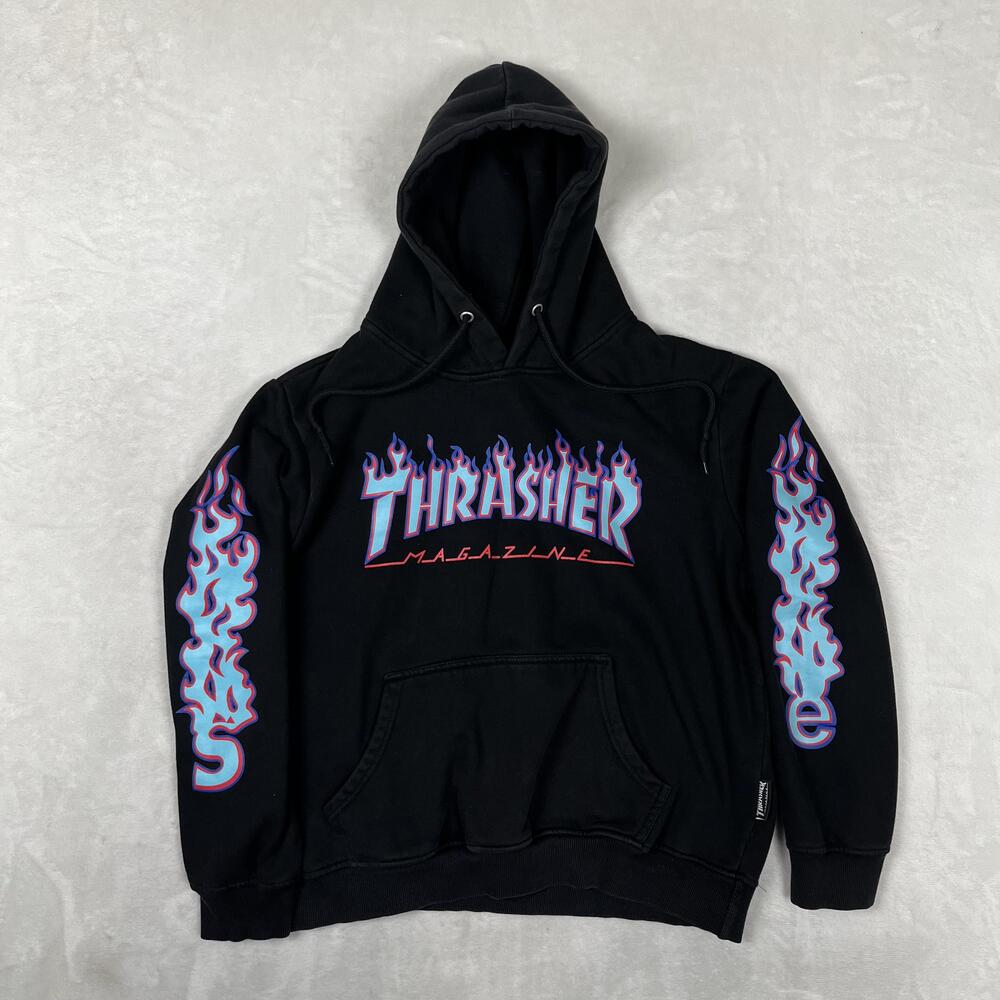Supreme x Thrasher Hoodie Womens Large Black Pullover Sweatshirt Flame Sleeves